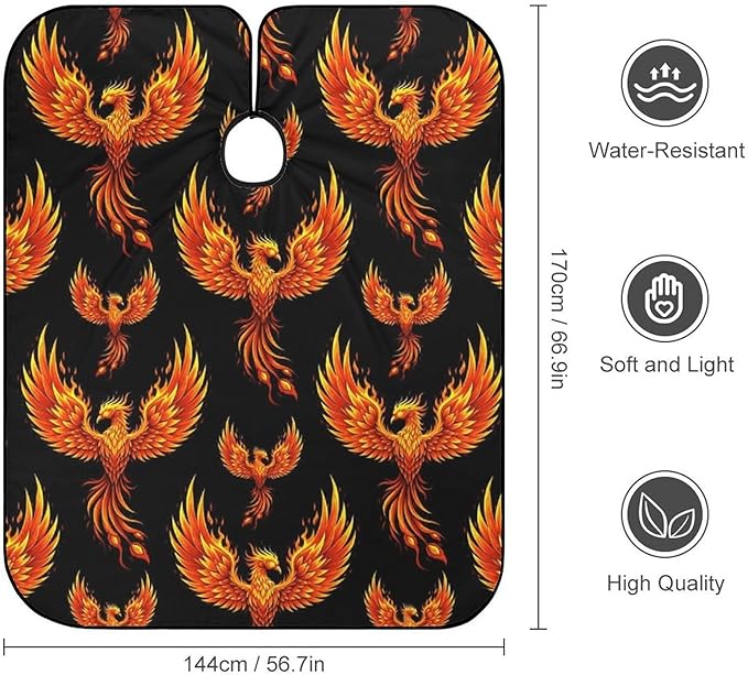 Women Fire Flame Bird Black Art Hair Salon Cutting Cape, Large Long Hairdressing Apron for Home Stylists, Haircut Tools