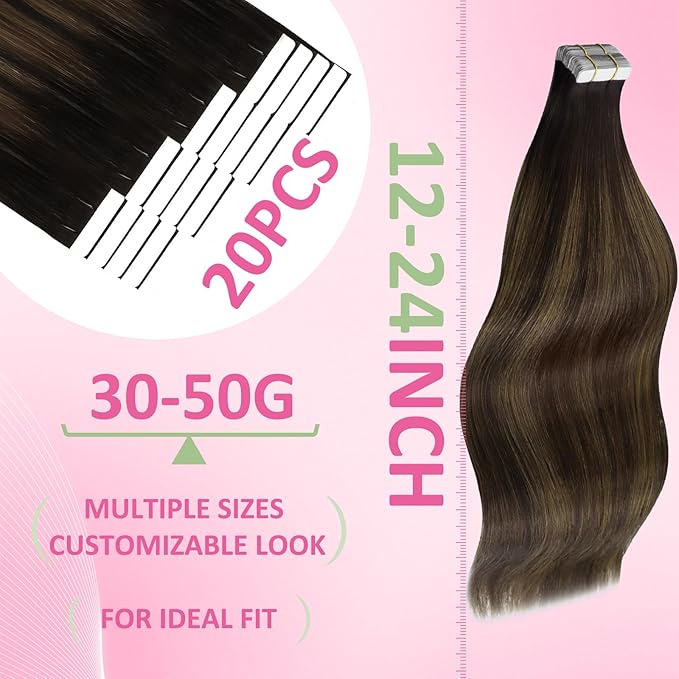 YoungSee Tape in Hair Extensions Real Human Hair Brown Balayage Tape in Hair Extensions Ombre Dark Brown Roots to Brown Tape-in Hair Extension Human Hair 14In for Everyday Wear 20pcs 50g