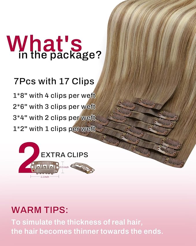 Moresoo Seamless Clip in Hair Extensions Human Hair Ombre Light Brown Mixed Golden Blonde Balayage Human Hair Seamless Clip in Extensions PU Weft 7pcs/120g 16inch