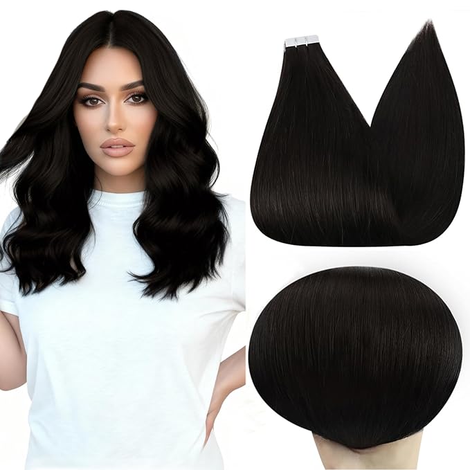 Full Shine Natural Hair Extensions Tape in Color 1B Off Black Seamless Tape in Extensions Soft Hair 16 Inch Straight Hair Extensions Real Human Hair 20 Pcs 50 Gram Skin Weft Hair Extension