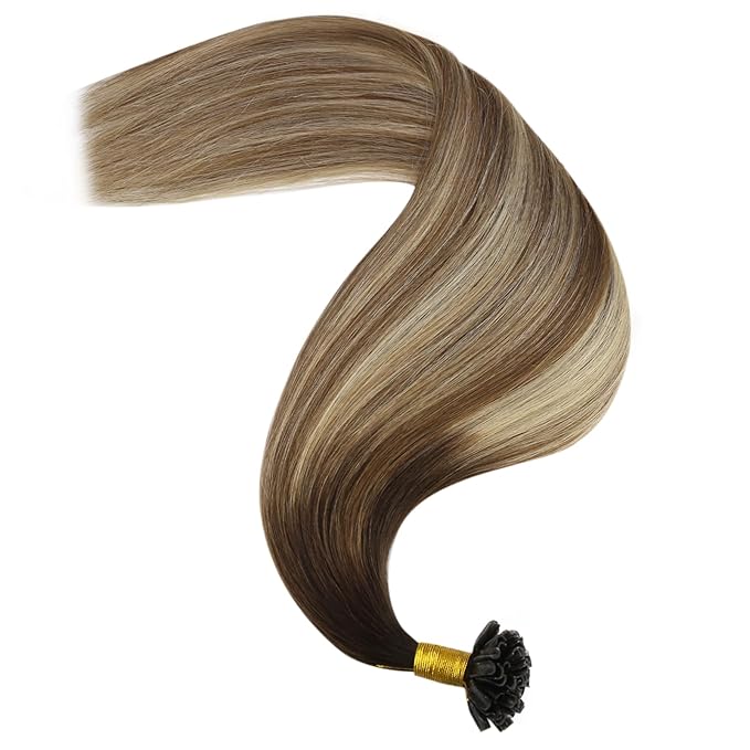 YoungSee U Tip Hair Extensions Human Hair Ombre Dark Brown to Brown with Blonde Keratin Human Hair Extensions 24In 1G/S 50G