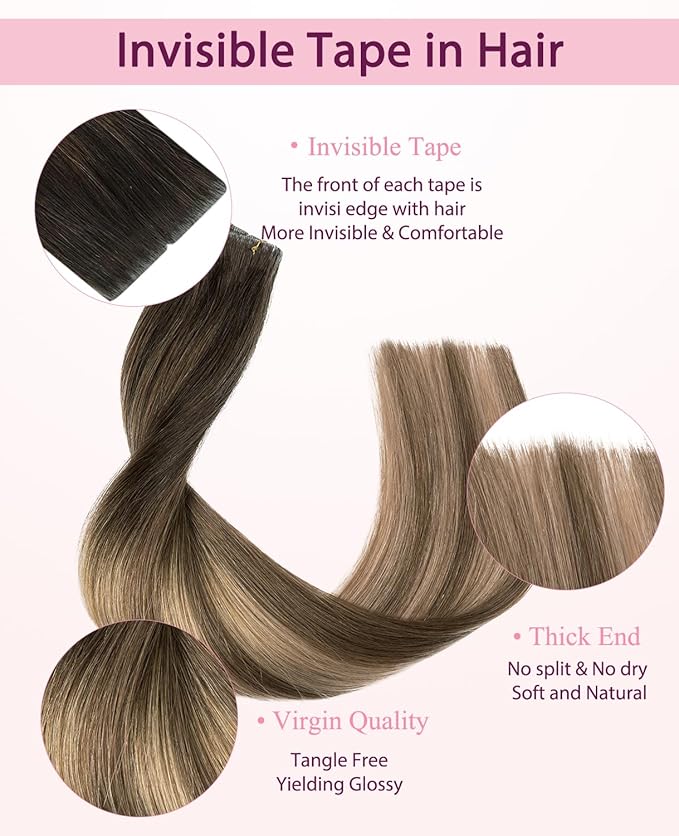 Pinkpearl Invisible Tape in Hair Extensions Human Hair, 20pcs 22inch 60g #2/6/18 Balayage Dark Brown to Chestnut Brown and Ash Blonde Injection Tape in Extensions Real Remy Human Hair Injected