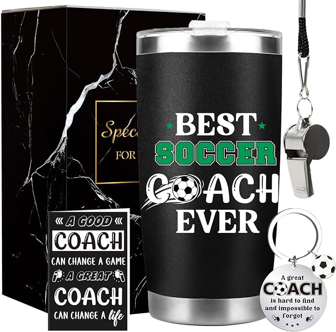 Keluna Soccer Coach Gifts for Men - Soccer Coach Appreciation Thank You Team Player Sports Lover Gift for Men Husband Brother Colleague Tumbler Cup Keychain Whistle Greeting Cards