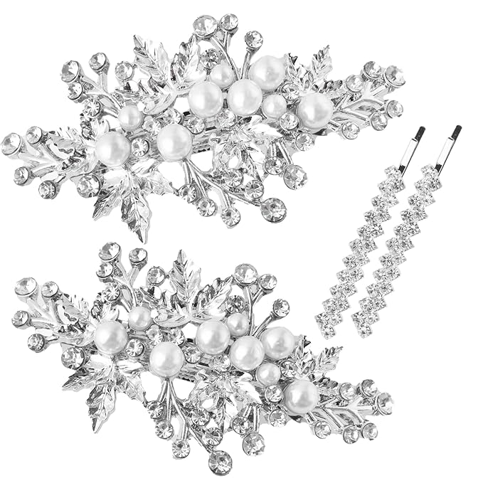 4PCS Rhinestone Pearl Hair Clips, Wedding Bridal Leaf Hair Barrette, Sparkly Glitter Hair Pins Accessories for Women and Girls
