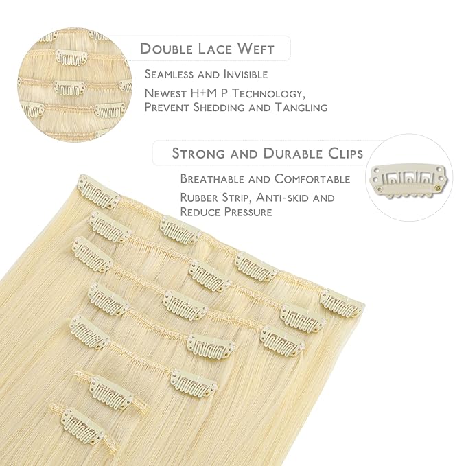 WENNALIFE Clip in Hair Extensions Real Human Hair, 16 Inch 120g 7pcs Human Hair Extensions Clip In Human Hair, Bleach Blonde Hair Extensions Clip In Real Hair Coloured Remy Human Hair Extensions