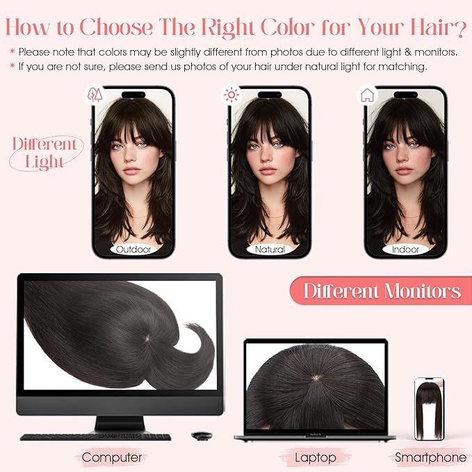 Hairro Mono Hair Toppers with Bangs, 3.4" x 3.4" Mono Base 100% Real Human Hairpieces for Women, 150% Density Clips In Topper for Greyish Thinning Hair, 14 Inch Cocoa Brown