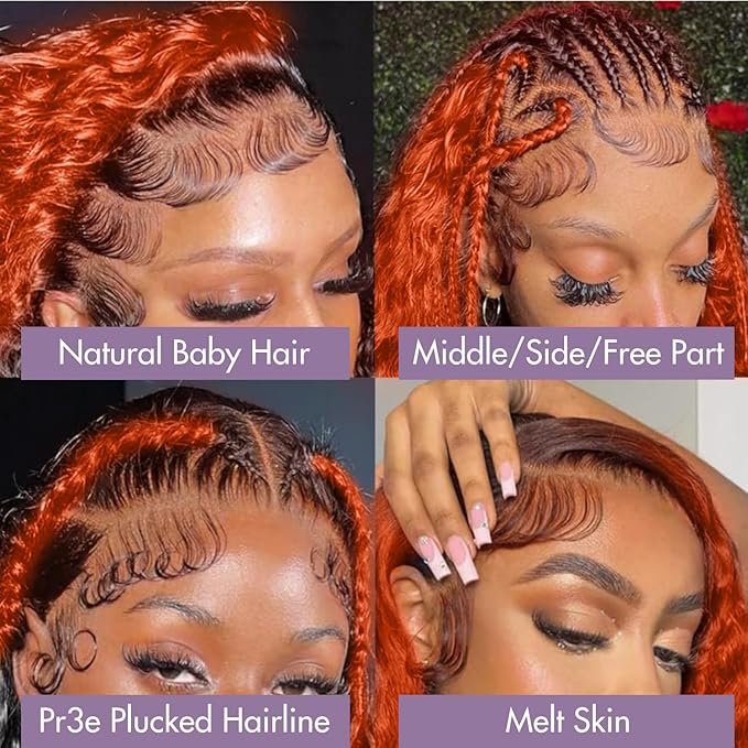 250 density Ginger Deep Wave Lace Front Wigs Human Hair Pre Plucked Hairline Glueless Wigs for Women 13x6 HD Lace Front Wigs Ginger Orange Curly Human Hair Wig Brazilian Hair 28 Inch