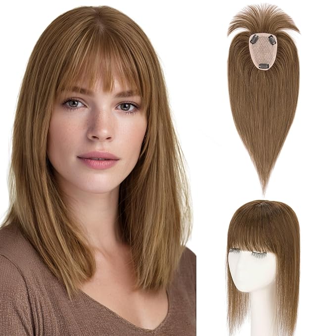Hairro Human Hair Toppers with Wispy Bangs, 3.5x4.7" Hand-wovened Base for Women with Thinning Hair, Lightweight & Breathable Realistic Scalp, Clip-in Hairpieces for Easy Wear, 12 Inch Medium Brown