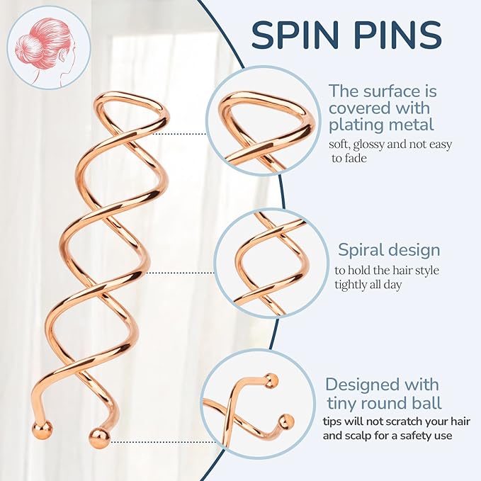 FANDAMEI 50PCS Spiral Hair Pins, Spin Pins Spiral Bobby Pins for Girls, Women and Kids, Non-Scratch Round Clip & Bun Twist, Stylish Bun Bobby Pins, Premium Spin Pins for Hair, Rose Gold