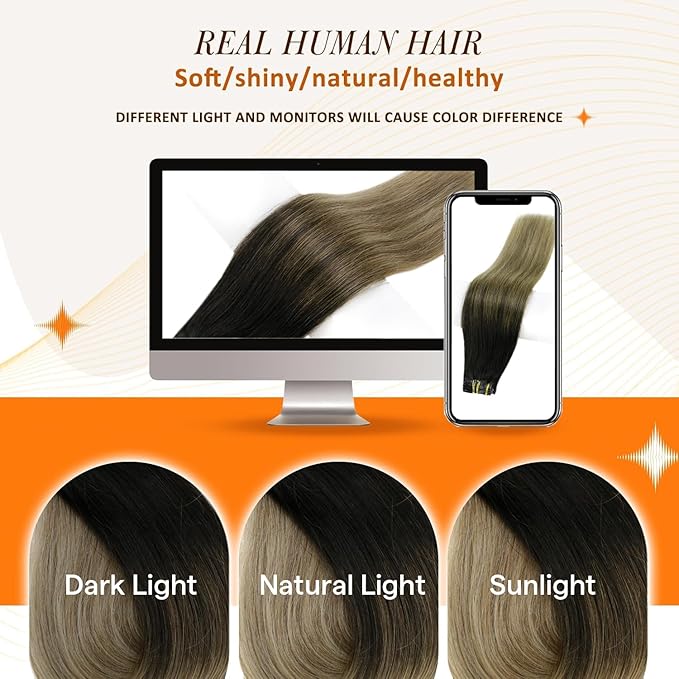 Full Shine Clip in Hair Extensions Real Human Hair Black Root Light Brown Mix Blonde Seamless Hair Extensions Clip in with PU Weft Softness 16 Inch 8 PCS 120 G