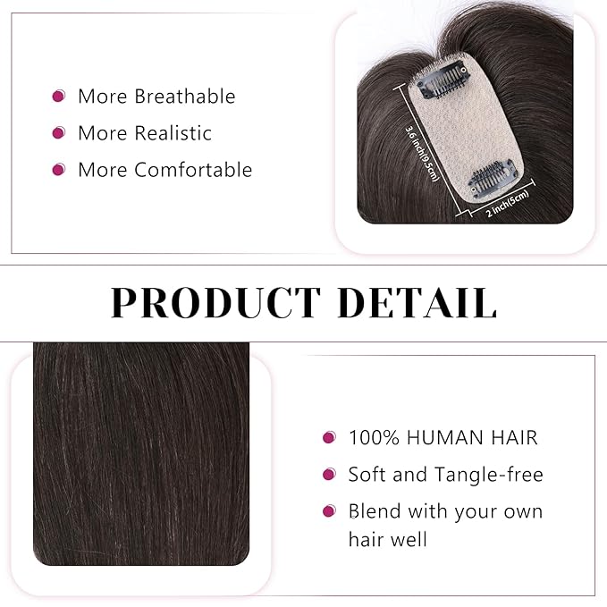 VERNA Hair Toppers for Women Real Human Hair 360°3D Cover Bangs Hair Clip,100% Real Human Hair Brown Black Clip in Bangs,Hair pieces Clip on Bangs for Daily Wear(5 * 9.5)