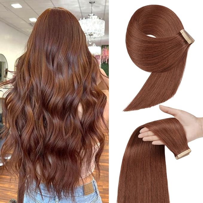 Tape in Hair Extensions Human Hair Dark Auburn Remy Hair Extensions 20pcs 14 Inch Straight Invisible Human Hair Tape in Extensions Skin Weft Tape Extensions Human Hair (33#,14 Inch)