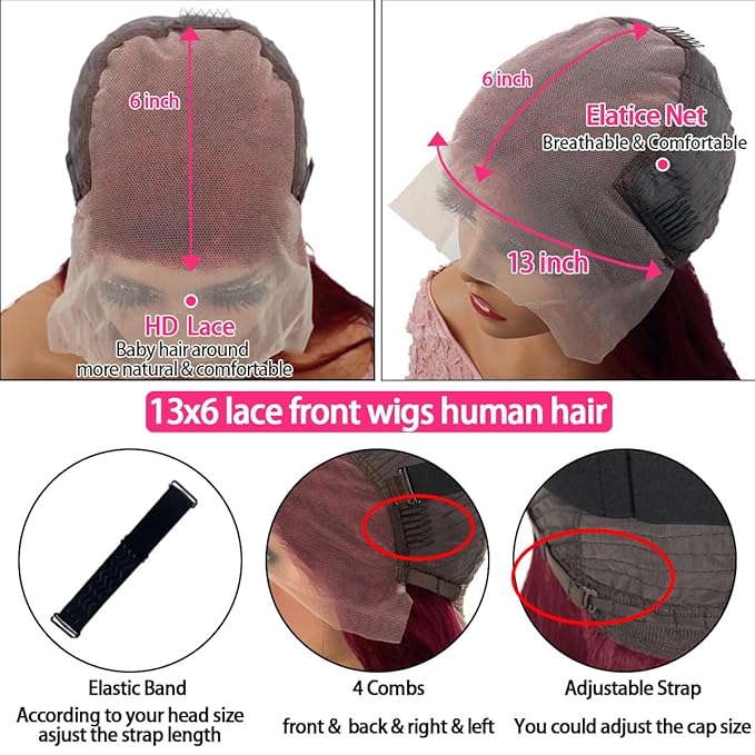99J Burgundy Lace Front Wigs Human Hair 200 Density Straight 13x6 HD Transparent Lace Frontal Wigs Human Hair Pre Plucked Glueless Red Color Human Hair Lace Front Wigs for Women 30 Inch