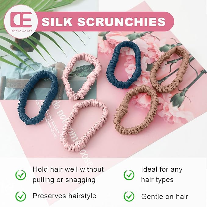 6Pcs Silk Hair Ties Small 22 Momme 100% Pure Mulberry Silk Scrunchies for Women Girls Thin Skinny Hair Sleep Scrunchies No Damage(Color 06)