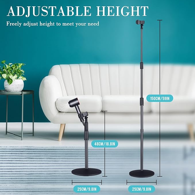 Hands Free Hair Dryer Stand Holder - 59in Adjustable Height, Metal Blow Dryer Stand with Heavy Base, 180 Rotatable for Women, Pets