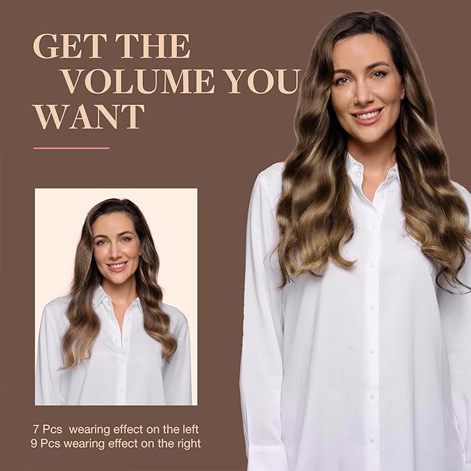 GOO GOO Clip in Hair Extensions Real Human Hair, Remy Human Hair Extensions Clip ins for Women, Natural Human Hair, 14inch 150g 9Pcs, 4/27/4 Balayage Chocolate Brown to Caramel Blonde