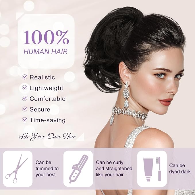 RUWISS Claw Clip Short Human Hair Ponytail Extension with Bendable Metals for DIY Styles, Straight Messy Bun Hair Piece for Women Thick Hairpieces for Daily Wear, 9 Inch Brown Black