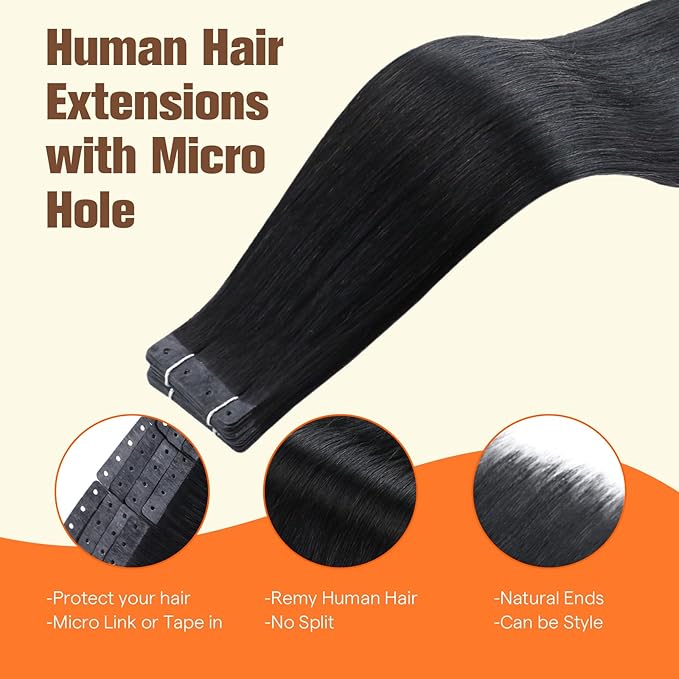 Full Shine Human Hair Tape in Extensions Color Jet Black 20Inch Skin Weft Tape in with Holes 20PCS 50G Straight Tape Extensions Human Hair for Wedding No Glue Soft Remy PU Hair Extension