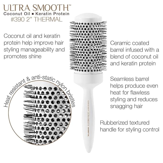 Cricket Ultra Smooth Coconut Thermal Hair Brush – 2” Ceramic Barrel, Coconut Oil and Keratin-Infused, Anti-Static Heat-Resistant Bristles, Textured Handle for Styling All Hair Types