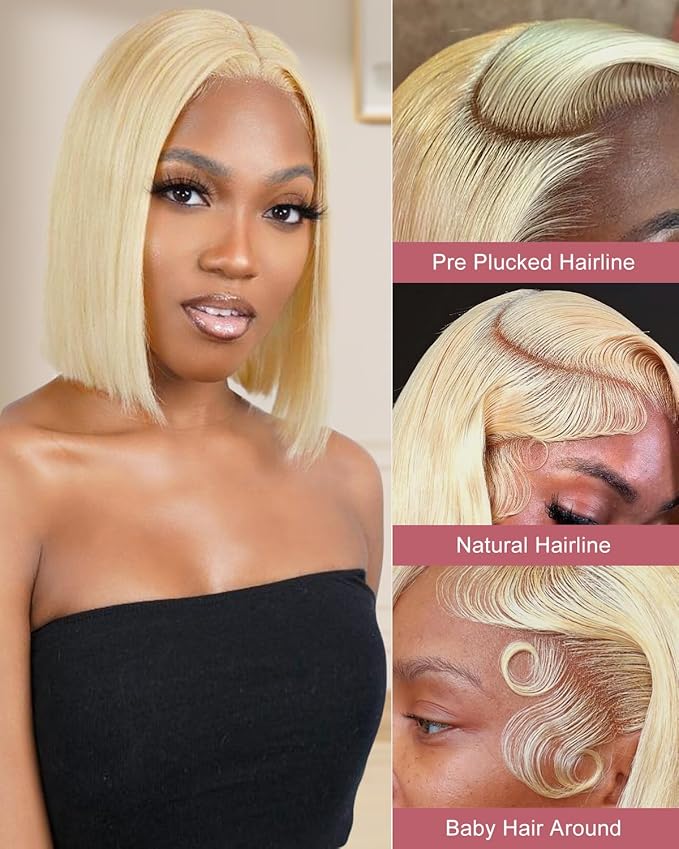 Alididi 613 Blonde Bob Wig Human Hair Straight 13x6 Transparent Lace Front Wigs Human Hair Pre Plucked Glueless Short Bob Wig human hair 180% Density 613 bob wigs for black women 10 Inch