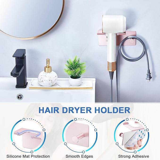 Hair Dryer Holder Wall Mounted, Blow Dryer Holder Adhesive, Metal Hairdryer Holder for Bathroom, Hair Tool Organizer with Plug&Cord for Cabinet Bathroom Bedroom Barber Shops