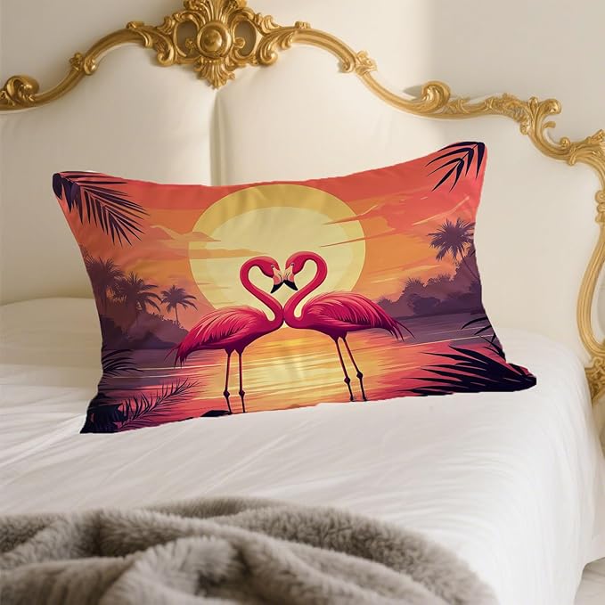 Pink Flamingos 1 Pack Satin Pillowcase for Hair and Skin Orange and Pink Sunset Imitation Silk Pillowcase with Hidden Zipper Soft Breathable Pillow Cover Standard Size for Bedroom Sofa 20”x26”
