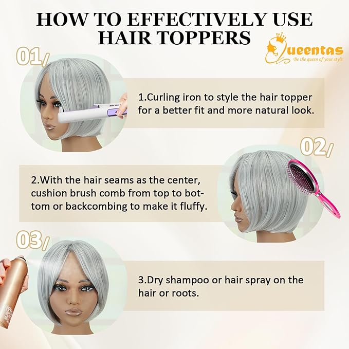 QUEENTAS Grey Hair Topper for Women with Thinning Hair Pieces 6"*6"Large Coverage 360°3D Cover Silver Synthetic Short Bob with 5 Clips in Wiglets(Gray)