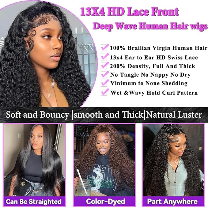 Aomllute 28 Inch Deep Wave Lace Front Wigs Human Hair 200 Density 13x4 HD Lace Frontal Wigs Human Hair Pre Plucked Deep Curly Glueless Wigs for Women Natural Black