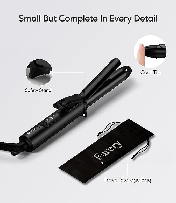 FARERY Mini Curling Iron Dual Voltage, 3/4 Inch Travel Curling Iron with 3 Adjustable Temp, Auto-Off, Ceramic Mini Hair Curler with Argan Oil &Keratin Infused, Travel Size Curling Wand with StorageBag
