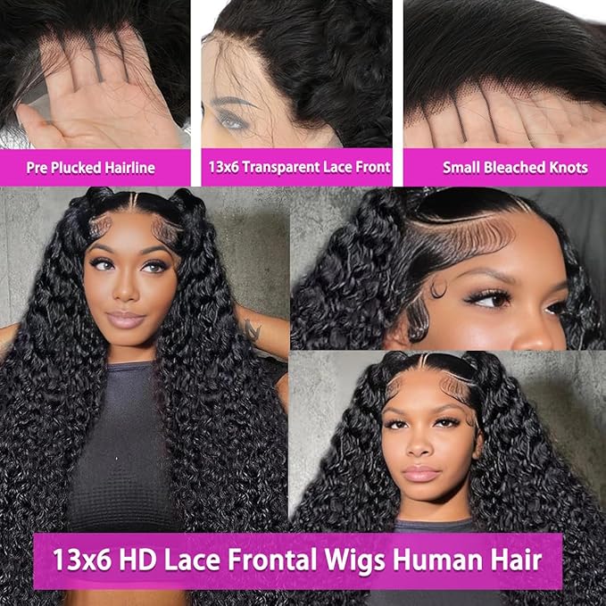 13X6 Deep Curly HD Lace Frontal Wig Human Hair Pre Plucked 210% Density Deep Wave Wigs for Women Wet and Wavy Glueless Lace Front Wig Natural Color 20Inch