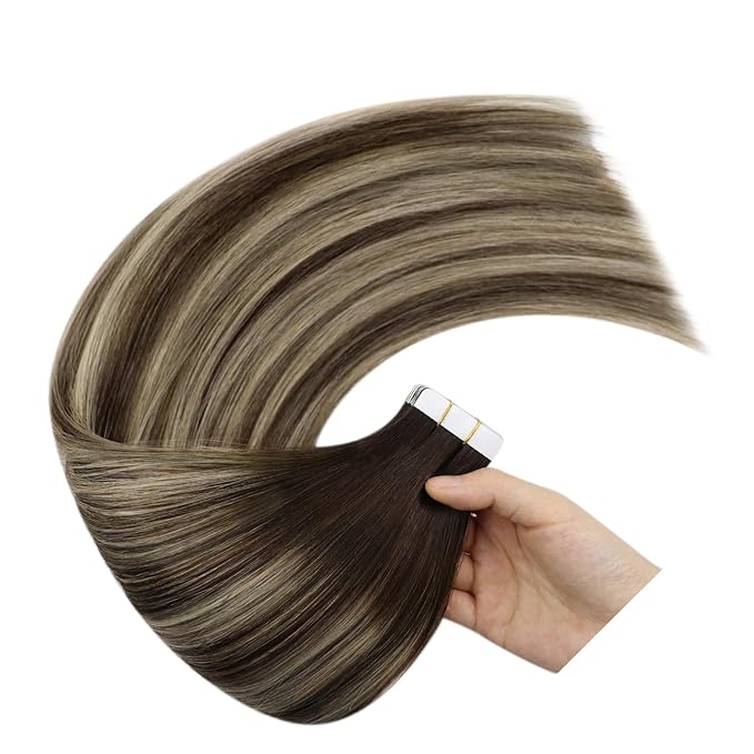 YoungSee Human Hair Tape in Extensions Dark Brown Tape in Hair Extensions Human Hair Balayage Tapes ins Human Hair Extension Dark Brown Ombre Ash Blonde Tape-in Hair Silky Straight 20 Inch 20pcs 50g