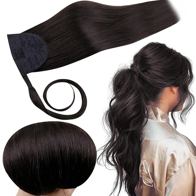 RUNATURE Ponytail Extension Real Human Hair, Long Human Hair Ponytail 20 Inch, Black Ponytail Extension Wrap Around, Straight Remy Natural Hair, Add Length, 80g #1B Off Black