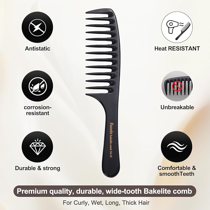 PERFEHAIR Wide Tooth Detangling Comb for Women - Large, Thick, Durable Bakelite Anti-static Hair Comb for Curly, Wet, Long, Thick Hair - Black, Professional Hair Detangler