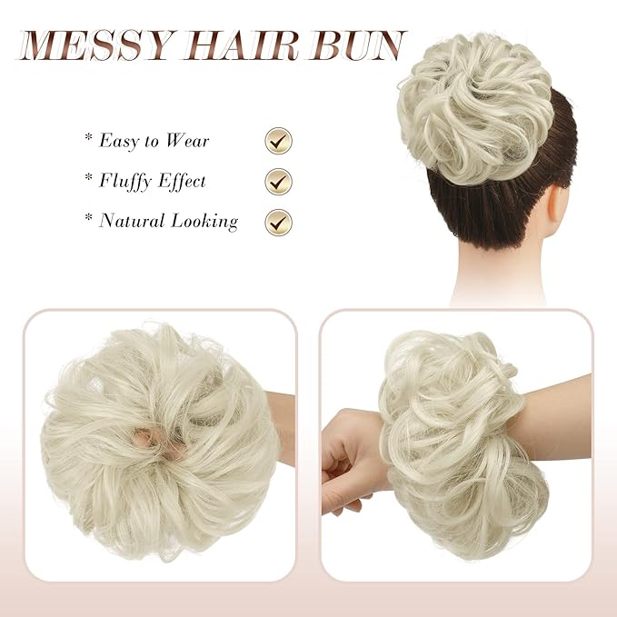 FESHFEN Messy Bun Hair Piece - Elastic Wavy Curly Hair Bun Scrunchies Extensions Synthetic Chignon Hairpieces for Women Girls, Ash Platinum Blonde 1.5 oz
