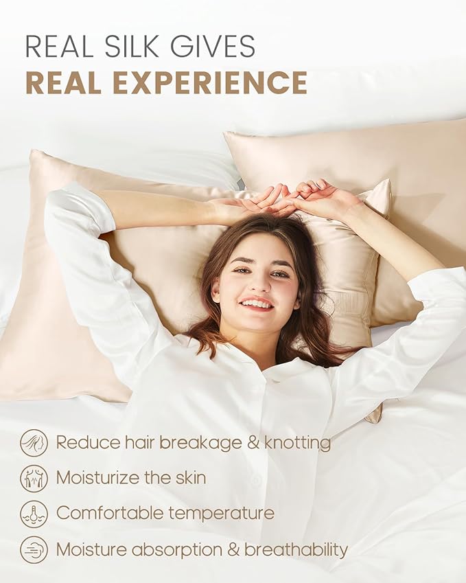 THXSILK Set of 2 100% Mulberry Silk Pillowcases for Hair and Skin Health, 19 Momme Soft and Smooth Pillowcases with Hidden Zipper, Both Sides Premium Grade 6A+ Silk (Standard 20"x26", Beige)