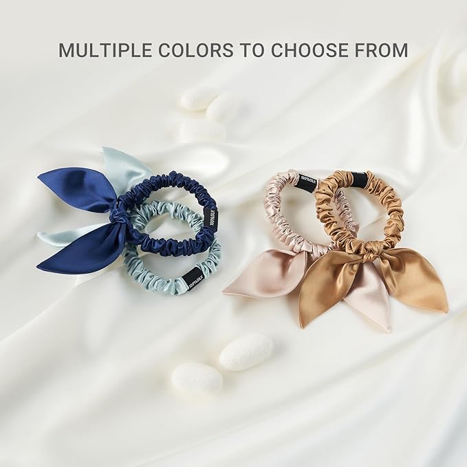 THXSILK Hair Silk Scrunchies with Bow for Women Pure Mulberry Silk Hair Cute Ring Ties Scrunchies for Girls Women's Thick Hair, Red, 2.8"