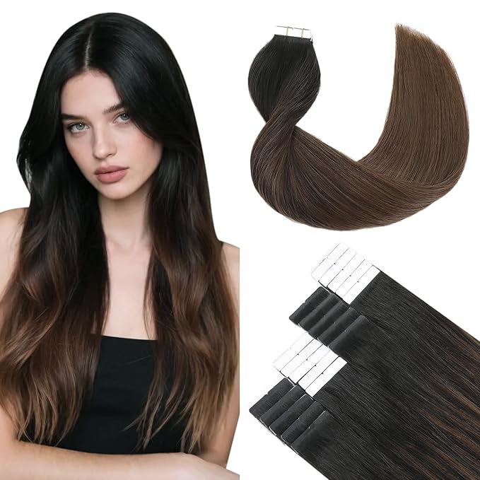 SURNEL Tape in Hair Extensions Ombre Color 1B Off Black Fading To 4 Middle Brown Real Remy Tape in Hair Extensions Human Hair 20pcs 50g 14 inch(#1BT4-14)