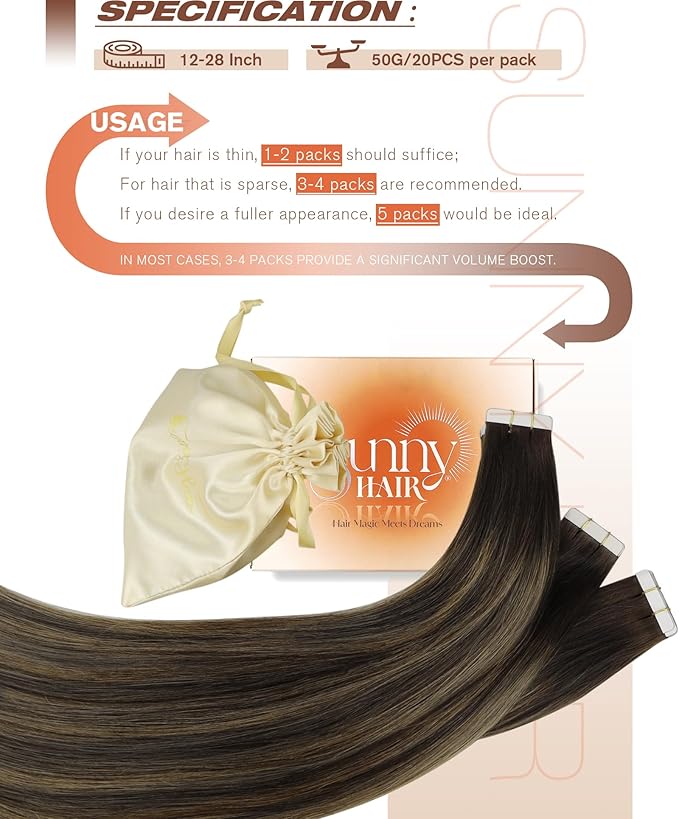Sunny Hair Brown Tape in Hair Extensions 24 Inch Remy Tape in Extensions Human Hair Balayage Brown Tape ins Human Hair Extensions 20Pcs 50g