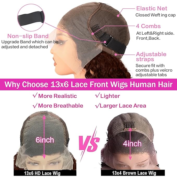 Anderah Chocolate Brown Deep Wave Lace Front Wigs Human Hair 200 Density 13x6 HD Lace Frontal Wigs Curly Human Hair Wig For Women Pre Plucked with Natural Hairline 4# Brown Color (32inch)