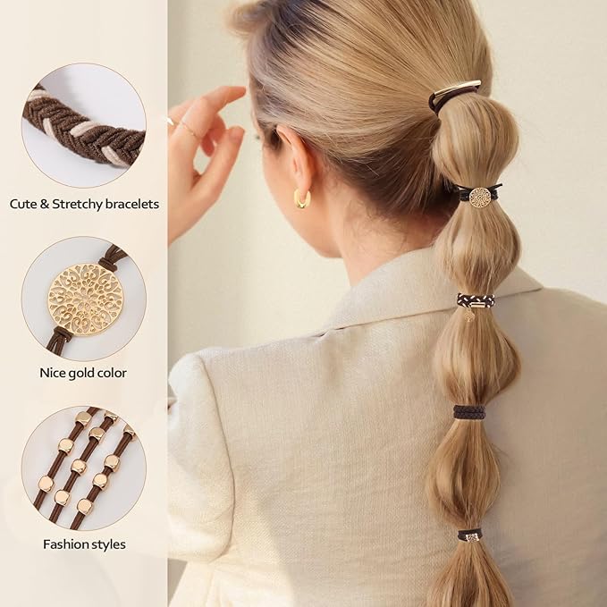 SYGY 10 PCS Boho Hair Ties, Bracelets for Thick & Thin Hair, 5 Styles No Damage, Dark Coffee Colors