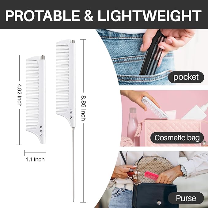 RHOS Carbon Retractable Rat Tail Parting Comb - Portable Fine Tooth Teasing Comb for Styling, Hair Cutting, Braiding with Stainless Steel Pin Tail - White