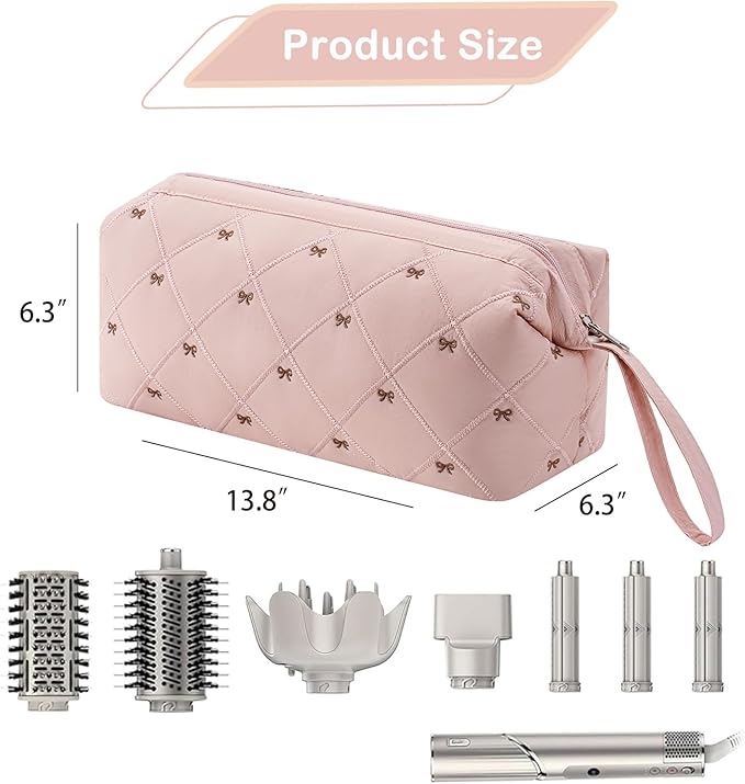 Large Quilted Hair Tools Travel Bag with Bow Pattern,Waterproof Hair Styling Accessories Storage Case for Shark FlexStyle, Dyson Airwrap Hair Dryer, Curling Iron, Revlon Hair Tools(Pink)