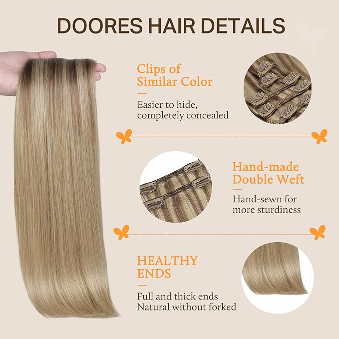 DOORES Clip in Hair Extensions Human Hair, Balayage Medium Copper to Sandy Blonde 120g 7pcs 20 Inch, Remy Human Hair Extensions Clip in Straight Natural Weft