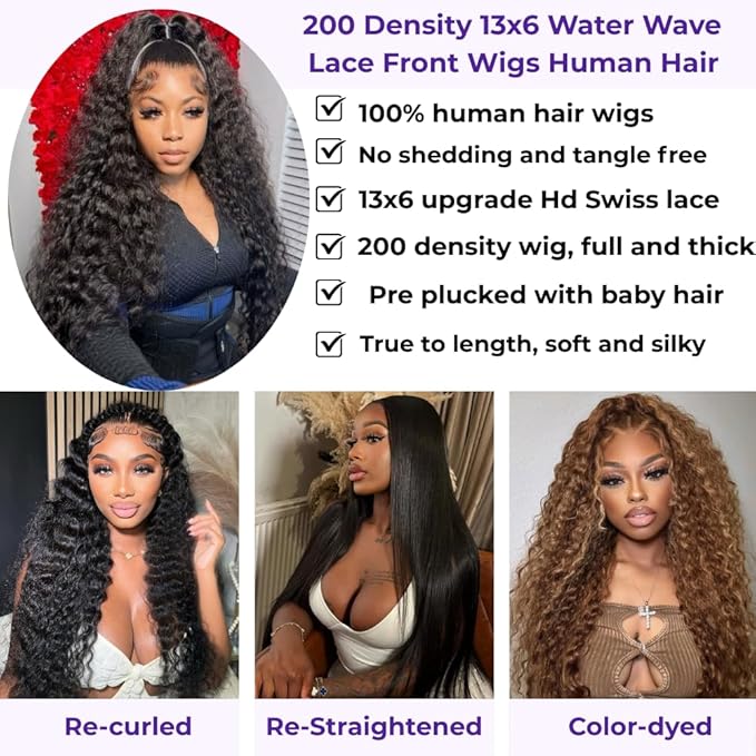 22 Inch Water Wave 13x6 HD Lace Front Wigs Human Hair Pre Plucked 200 Density Deep Part Curly Wig for Women Water Wave Frontal Wigs Human Hair