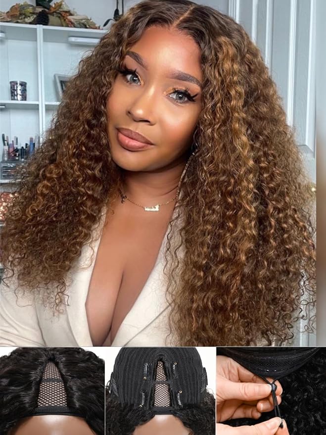 YIROO EasiContour V Part Wigs Ombre Brown Glueless Human Hair Upgrade U Part Wig with Dark Roots Highlight V Shape Clip Wigs Beginner Friendly with Drawstring Ready to Wear Chestnut Brown Color 26Inch