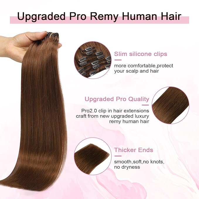 Pro2.0 Remy Real Human Hair Extensions Clip ins 120g Thick 7pcs Color #33 Dark Auburn Copper Remy Clip in Hair Extensions Real Human Hair 16inch Seamless Double Weft for Women（#33-16inch）