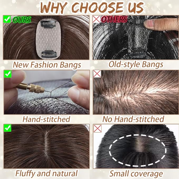 Amchoice Hair Toppers for Women Real Human Hair, Bangs Hair Clip 360° 3D Cover Bangs, Human Hair Toppers for Women Daily(Moch, 3D French Bangss (5 * 9))