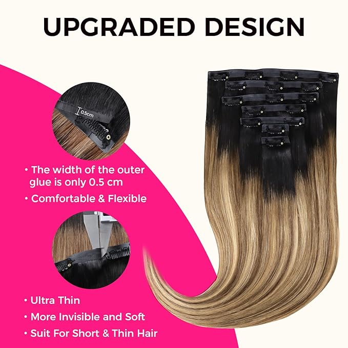 Lashey Seamless Hair Extensions Clip ins Human Hair 14 Inch 110g 7pcs Straight Seamless Clip in Hair Extensions Balayage Ash Brown to Honey Blonde Natural Hair with Dark Roots