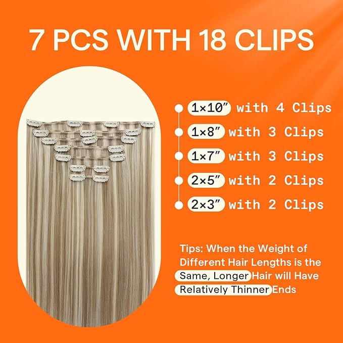 Full Shine Clip in Hair Extensions Blonde Highlights Real Hair Extensions Clip in Human Hair Color 16P22 Golden Blonde Highlighted Straight Full Head 7 Pcs 22 Inch 120 G