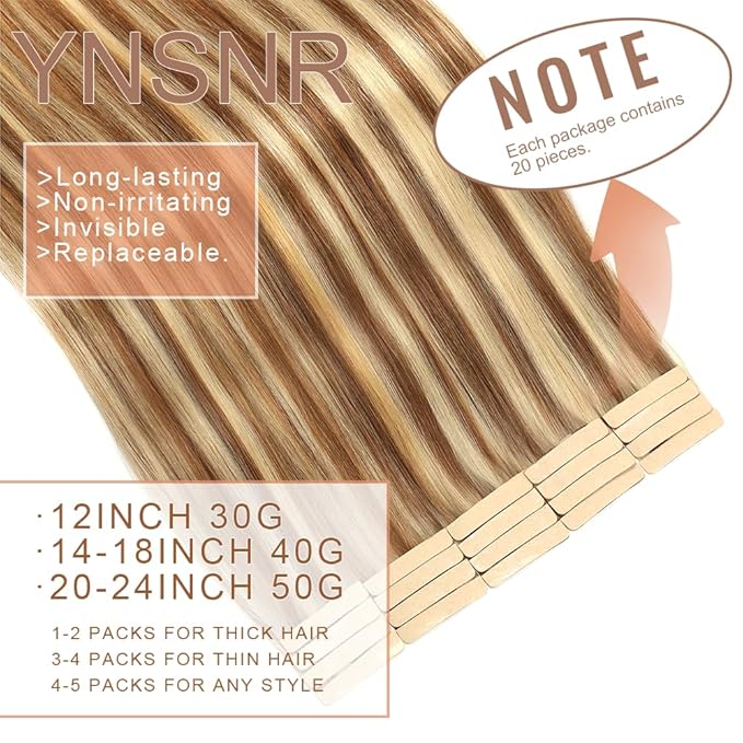 Tape in Hair Extensions Human Hair 16 Inch 20pcs Invisible Tape ins Hair Extensions Real Human Hair Chestnut Brown Highlighted Bleach Blonde Remy Seamless Injected Tape Extensions